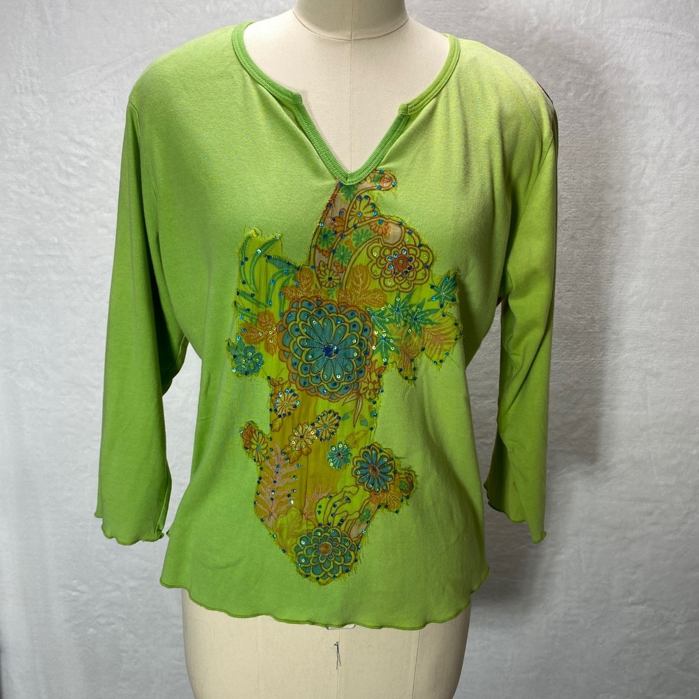 Mirror Image‎ XL Womens 3/4 Sleeve Lime Green Tropical Floral Print V Neck